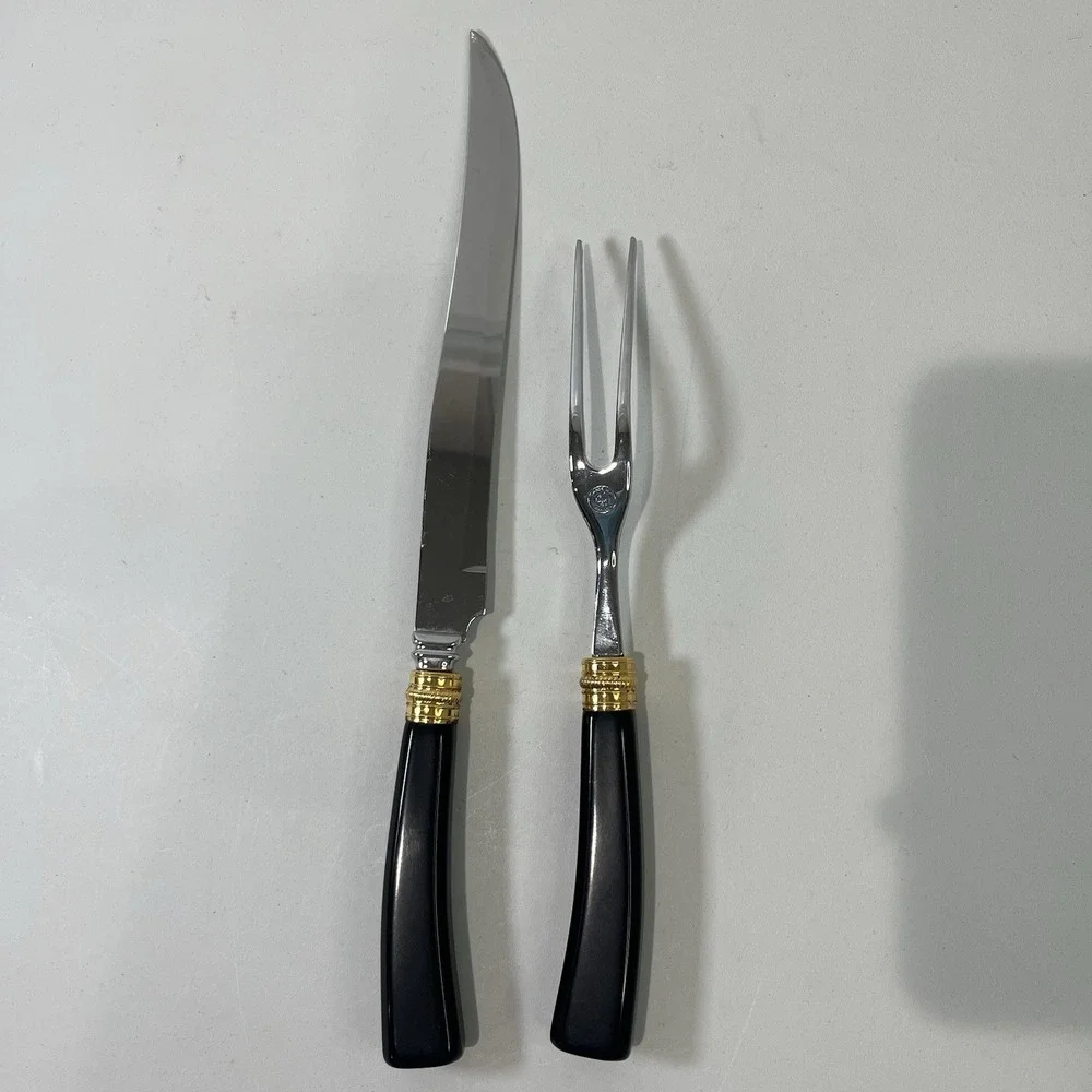 Vintage Glo Hill Carving Set Black Bakelite Gold Stainless Steel Utensils Canada